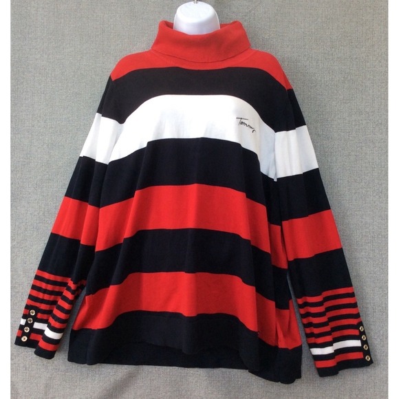 Tommy Hilfiger Sweaters - Tommy Hilfiger Turtleneck Sweater Red Navy White Striped Button Cuff 2X READ